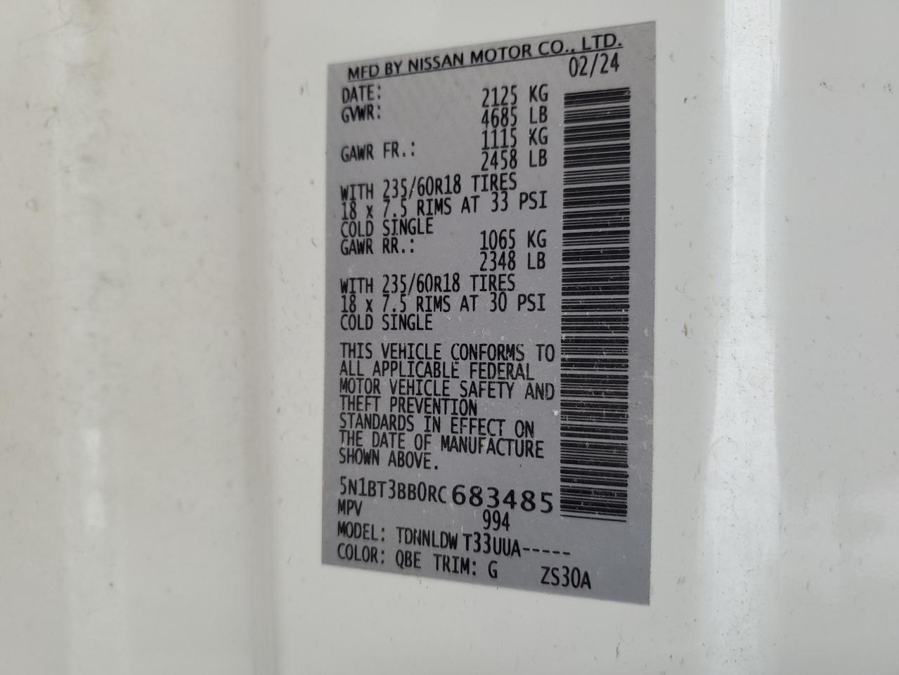 2024 Nissan Rogue Sv VIN: 5N1BT3BB0RC683485 Lot: 63119874