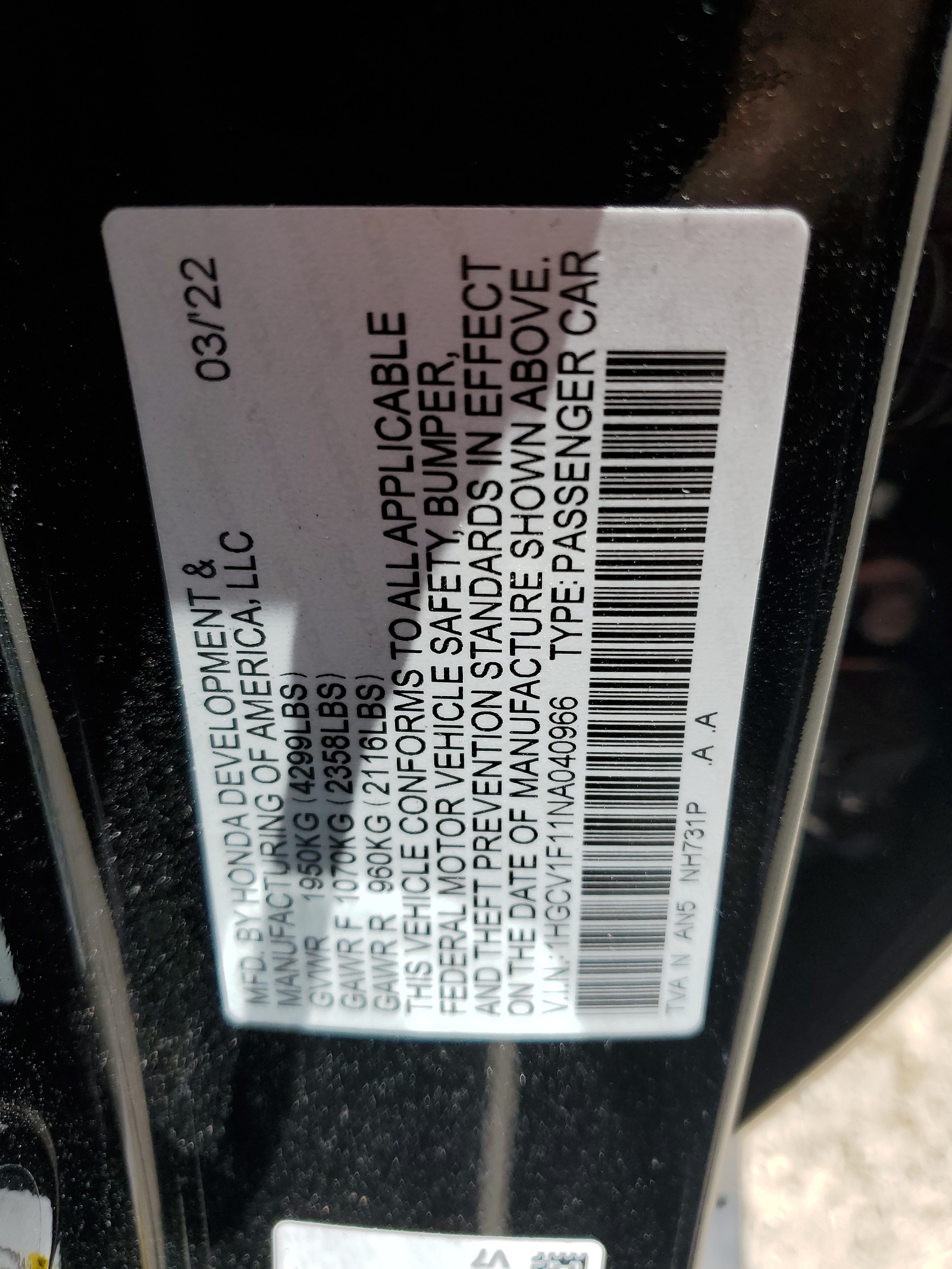 1HGCV1F11NA040966 2022 Honda Accord Lx