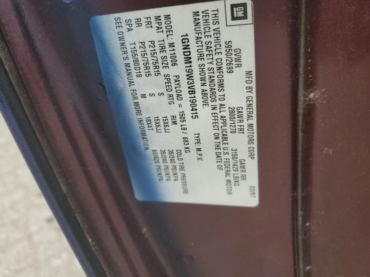 1997 Chevrolet Astro VIN: 1GNDM19W3VB190415 Lot: 61940384