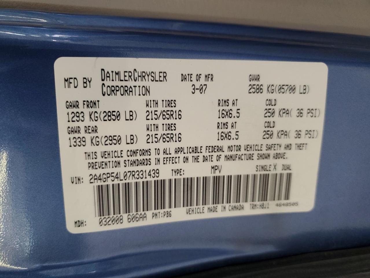 2007 Chrysler Town & Country Touring VIN: 2A4GP54L07R331439 Lot: 64525004