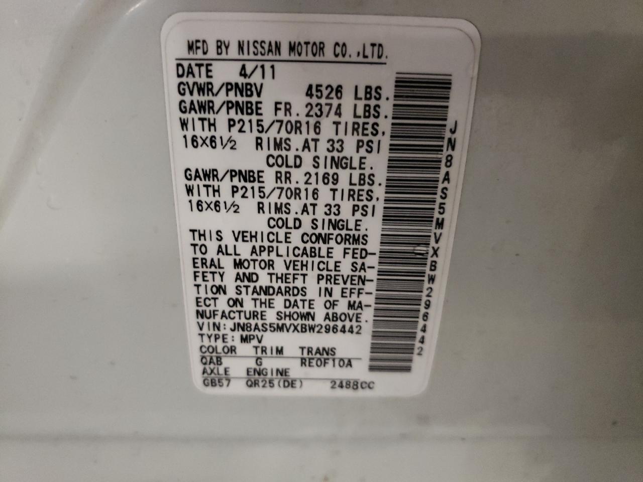 2011 Nissan Rogue S VIN: JN8AS5MVXBW296442 Lot: 62977894