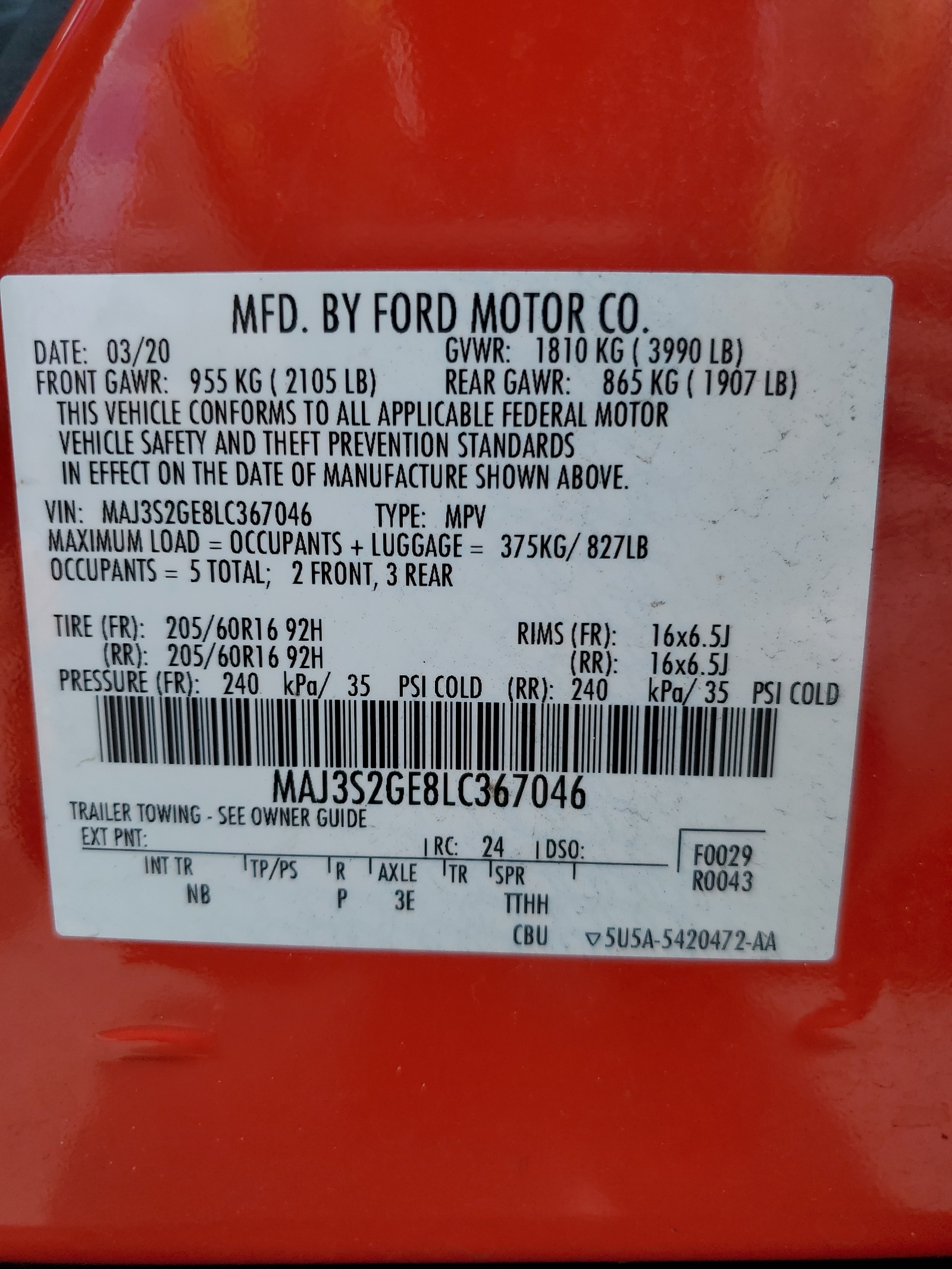 MAJ3S2GE8LC367046 2020 Ford Ecosport Se