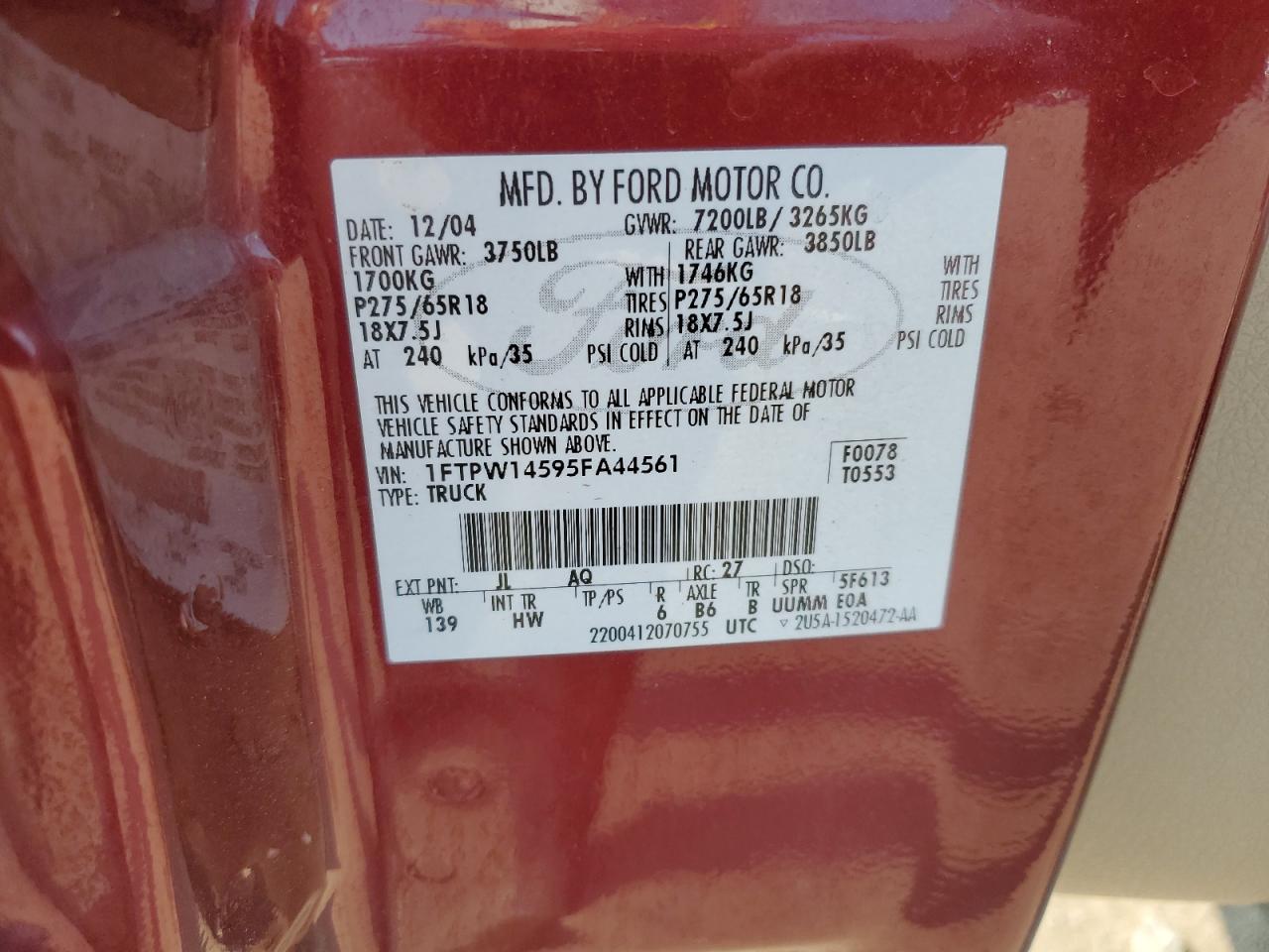 2005 Ford F150 Supercrew VIN: 1FTPW14595FA44561 Lot: 64817464