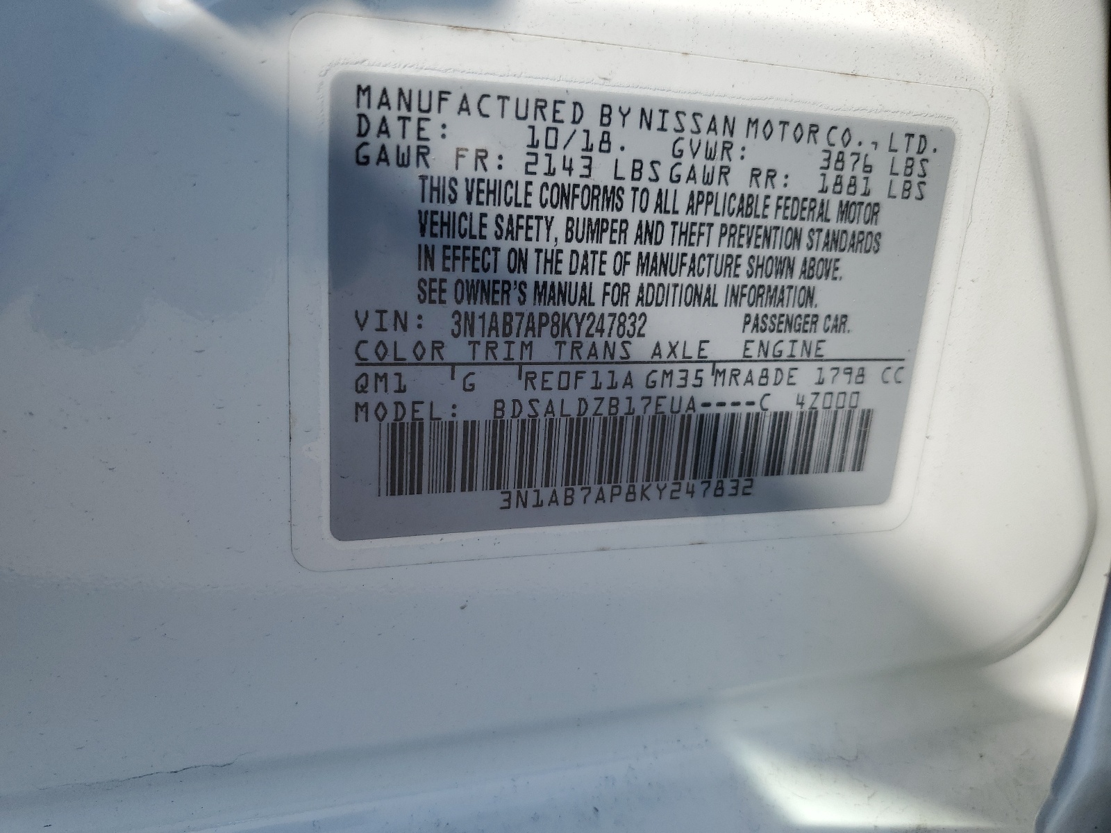 3N1AB7AP8KY247832 2019 Nissan Sentra S