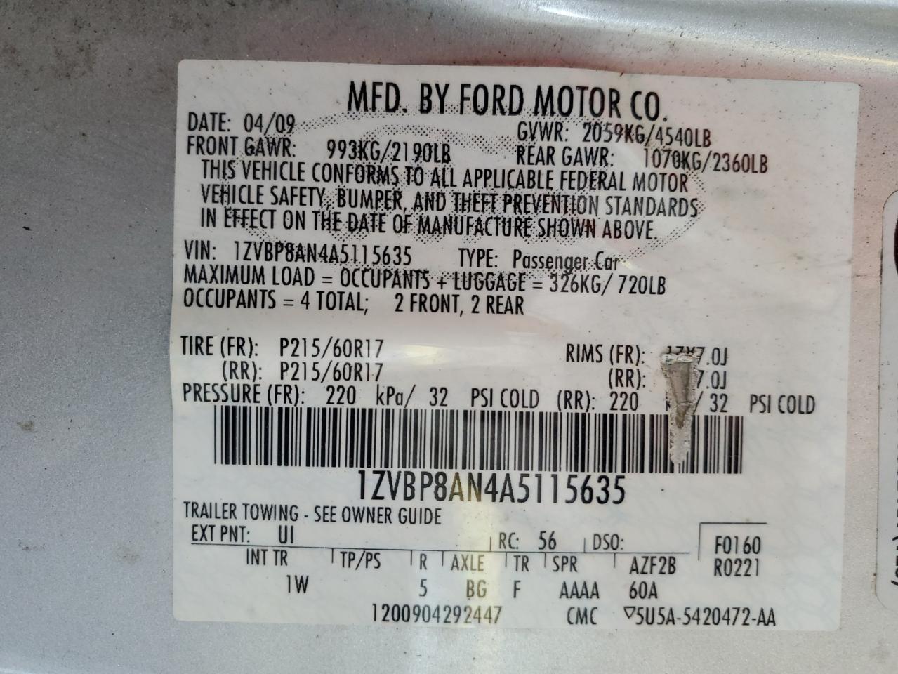 2010 Ford Mustang VIN: 1ZVBP8AN4A5115635 Lot: 63832464