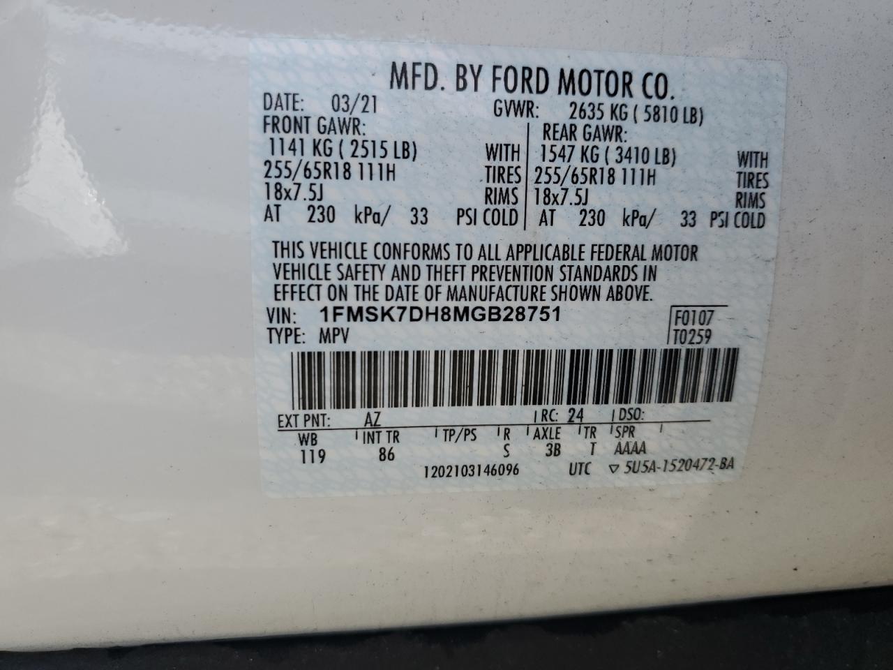 2021 Ford Explorer Xlt VIN: 1FMSK7DH8MGB28751 Lot: 64354034