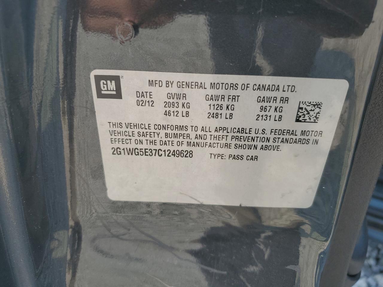 2012 Chevrolet Impala Lt VIN: 2G1WG5E37C1249628 Lot: 63236474