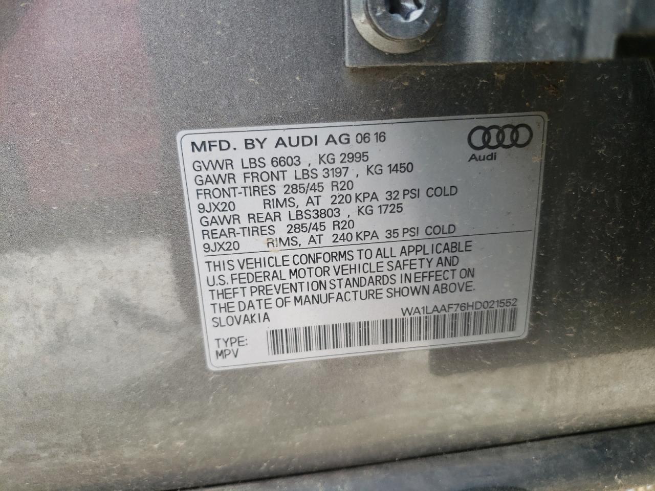 2017 Audi Q7 Premium Plus VIN: WA1LAAF76HD021552 Lot: 62983354