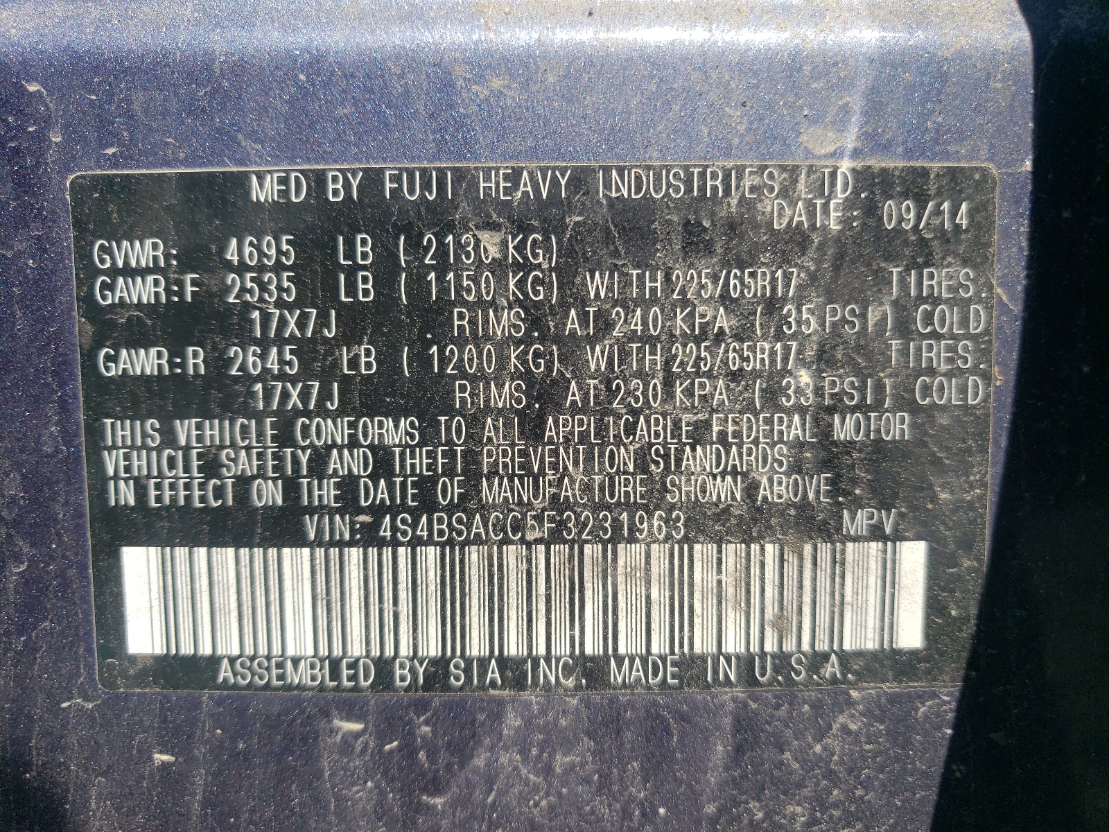 4S4BSACC5F3231963 2015 Subaru Outback 2.5I Premium