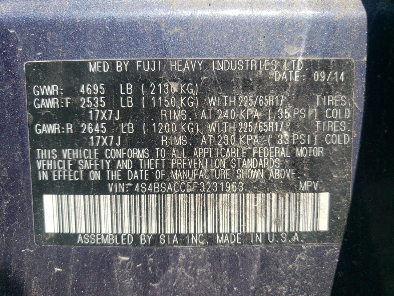 2015 Subaru Outback 2.5I Premium VIN: 4S4BSACC5F3231963 Lot: 64566634