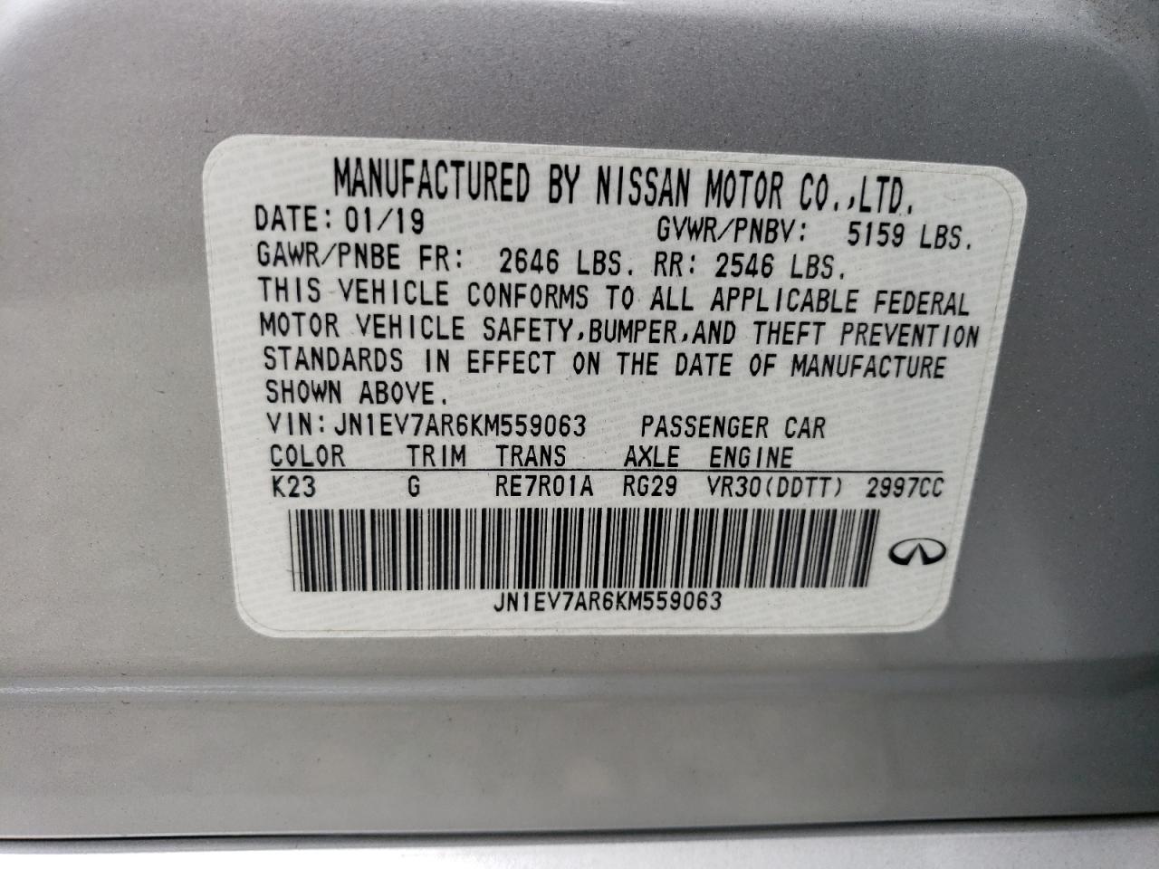 2019 Infiniti Q50 Luxe VIN: JN1EV7AR6KM559063 Lot: 66295955