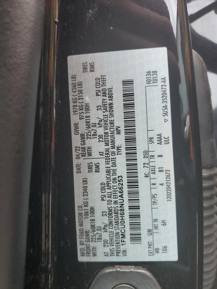 2022 Ford Escape Sel VIN: 1FMCU0H68NUA66253 Lot: 57726674