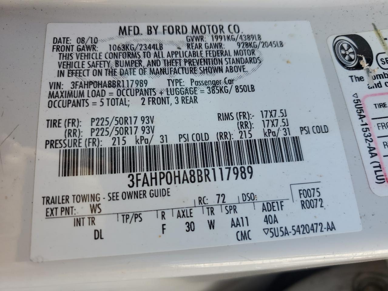 2011 Ford Fusion Se VIN: 3FAHP0HA8BR117989 Lot: 63823434