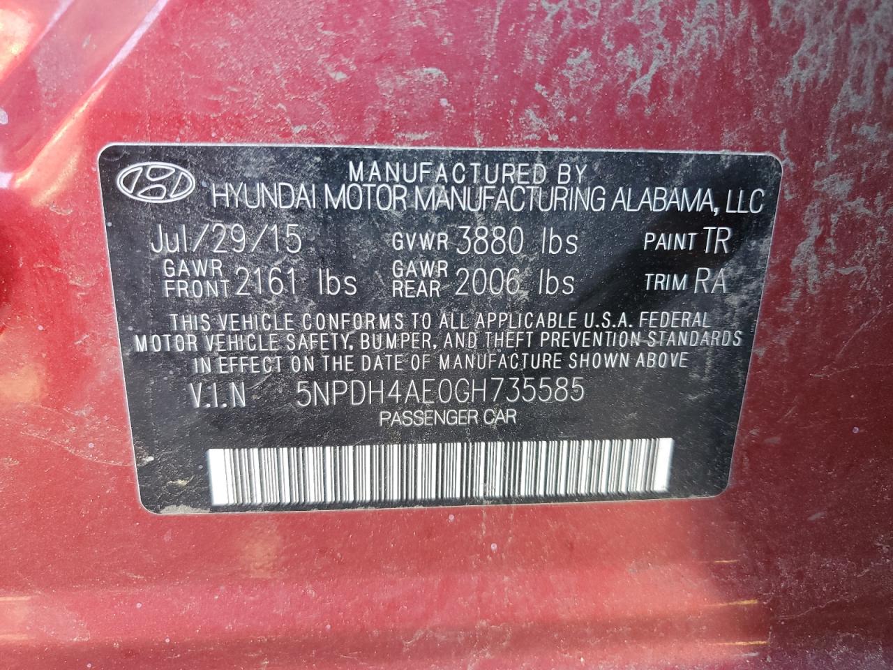 2016 Hyundai Elantra Se VIN: 5NPDH4AE0GH735585 Lot: 64965534