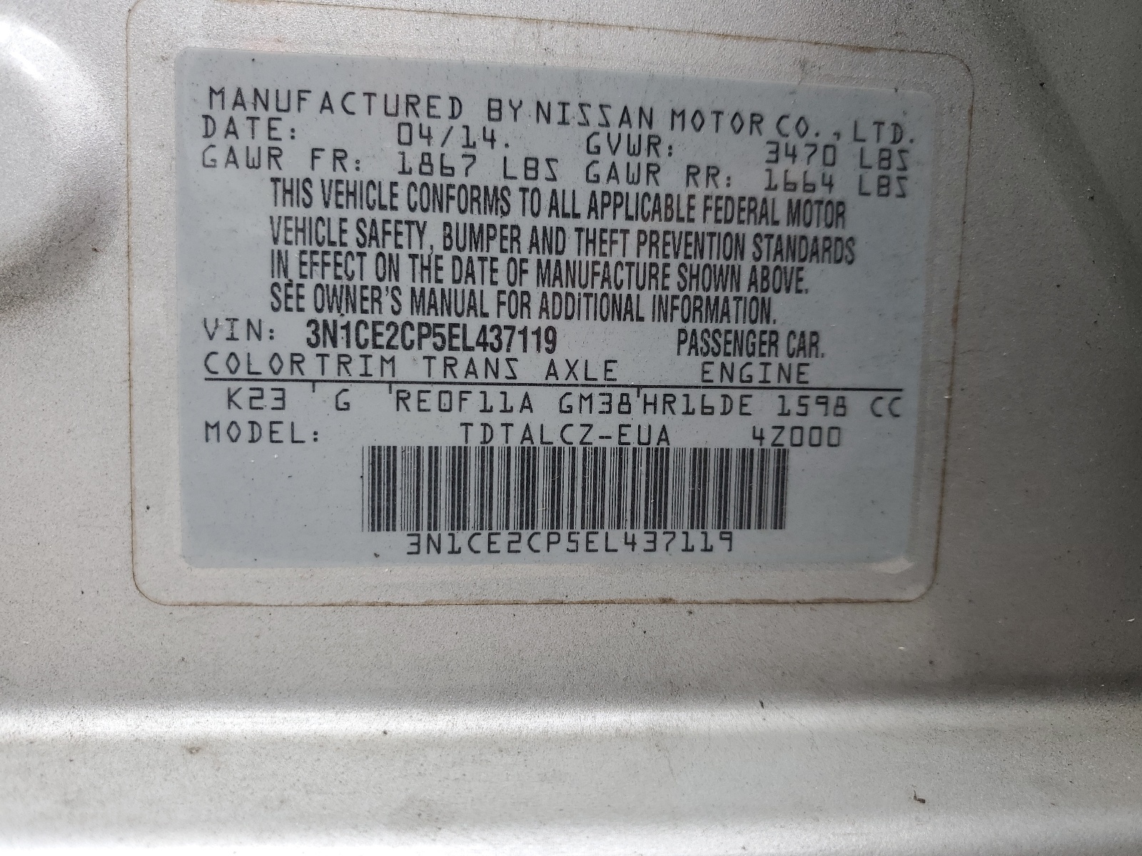 3N1CE2CP5EL437119 2014 Nissan Versa Note S