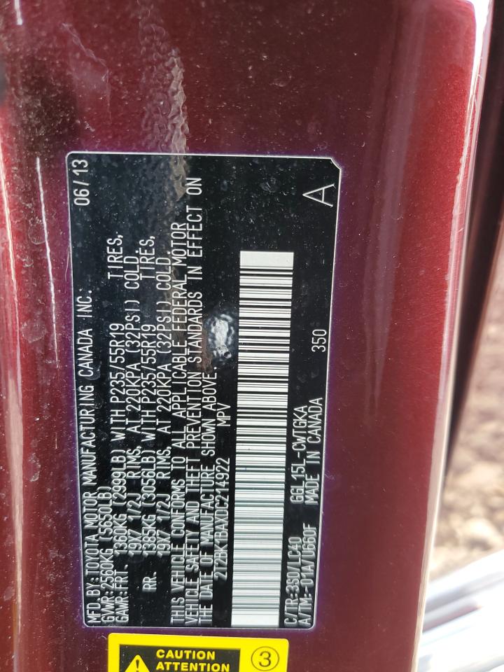 2013 Lexus Rx 350 Base VIN: 2T2BK1BAXDC214922 Lot: 64801124