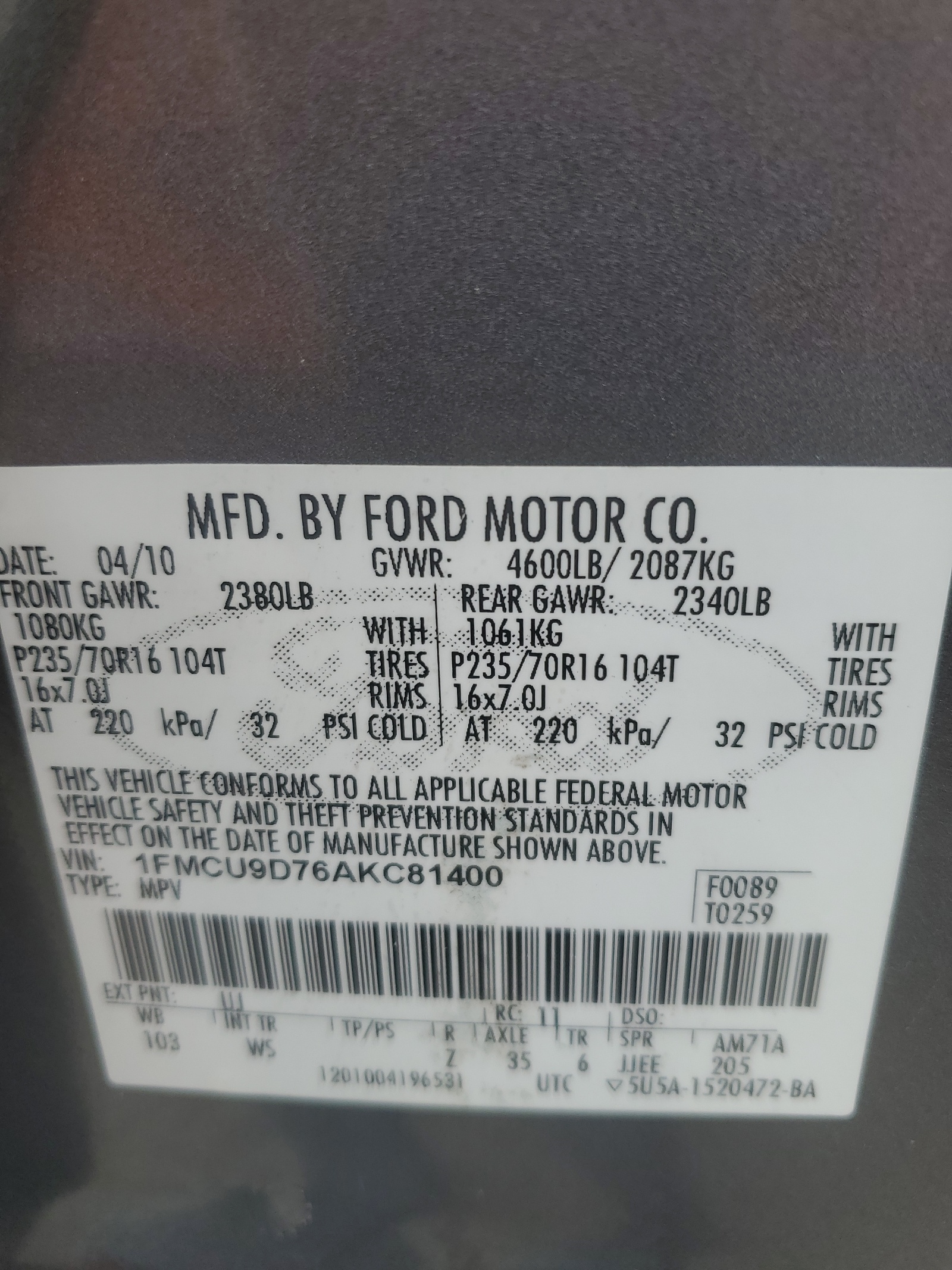 1FMCU9D76AKC81400 2010 Ford Escape Xlt