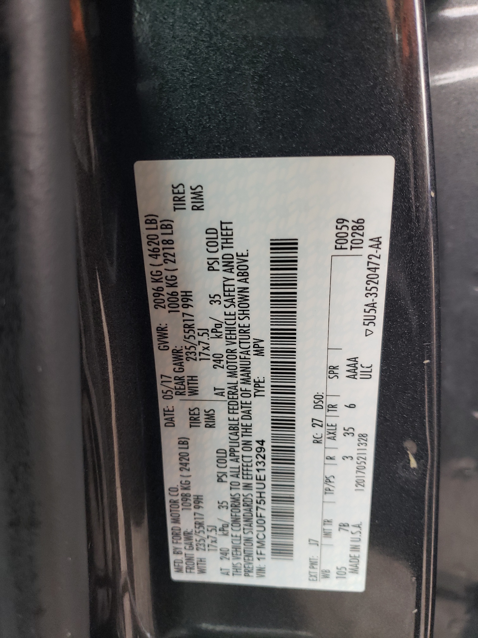 1FMCU0F75HUE13294 2017 Ford Escape S