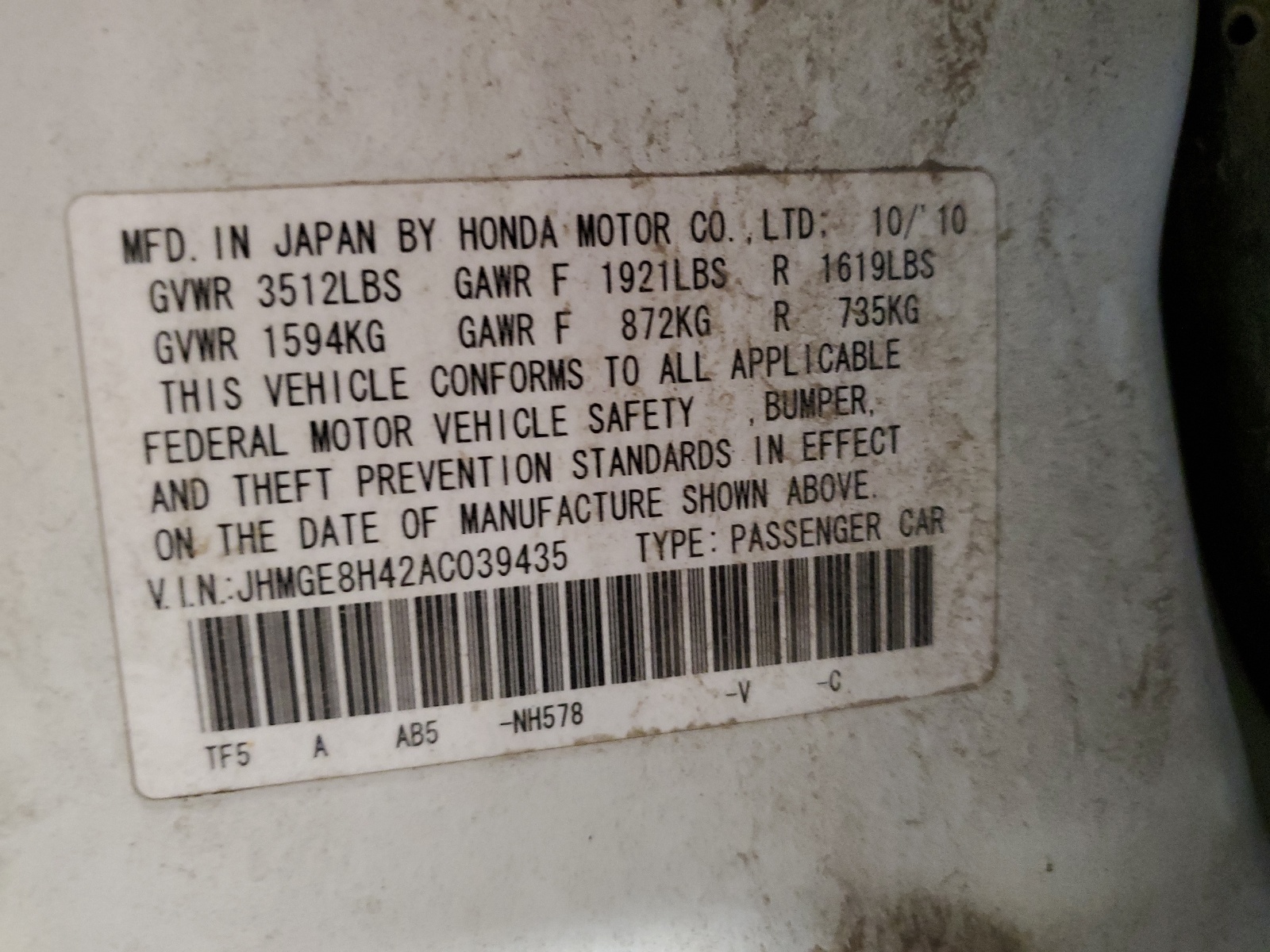 JHMGE8H42AC039435 2010 Honda Fit Sport