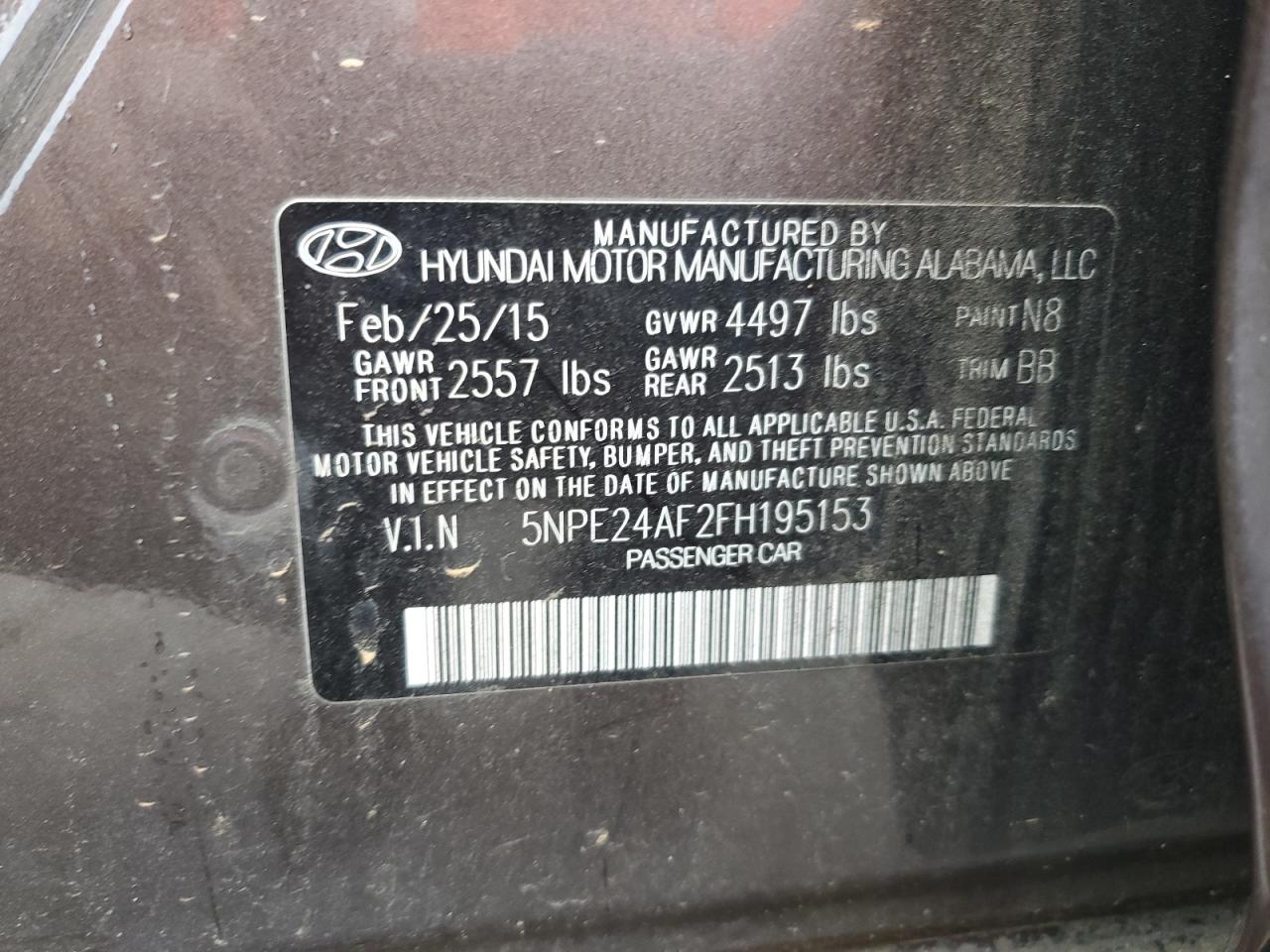 5NPE24AF2FH195153 2015 Hyundai Sonata Se