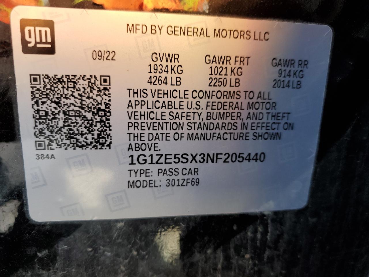 2022 Chevrolet Malibu Premier VIN: 1G1ZE5SX3NF205440 Lot: 61084114