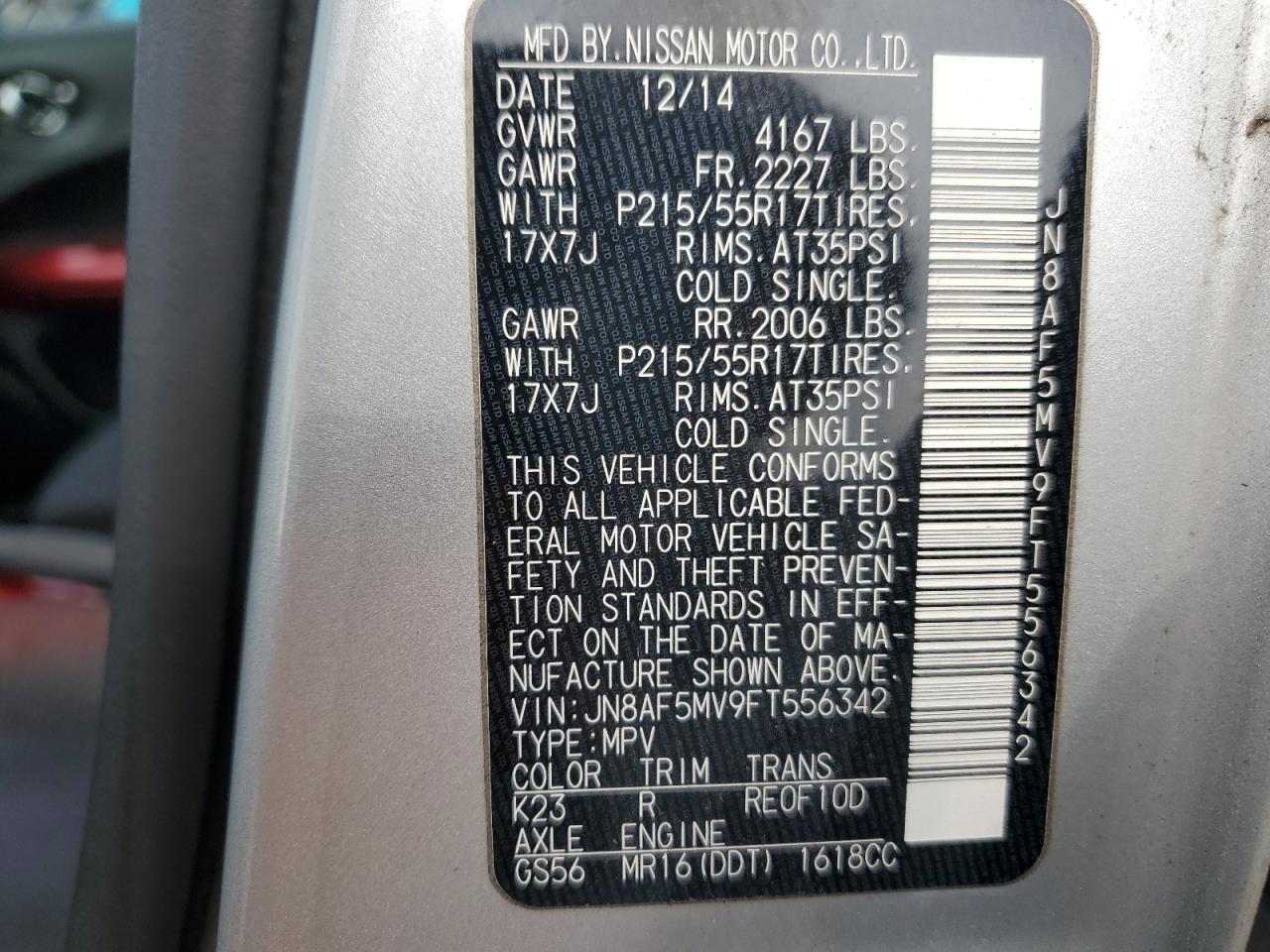 2015 Nissan Juke S VIN: JN8AF5MV9FT556342 Lot: 64927954