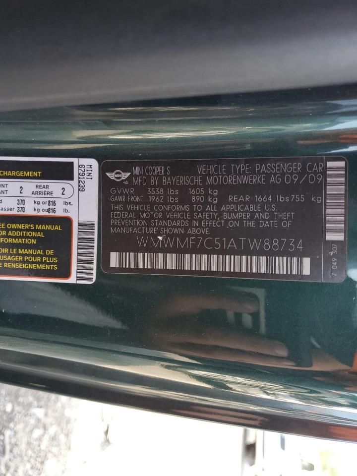 2010 Mini Cooper S VIN: WMWMF7C51ATW88734 Lot: 63220534