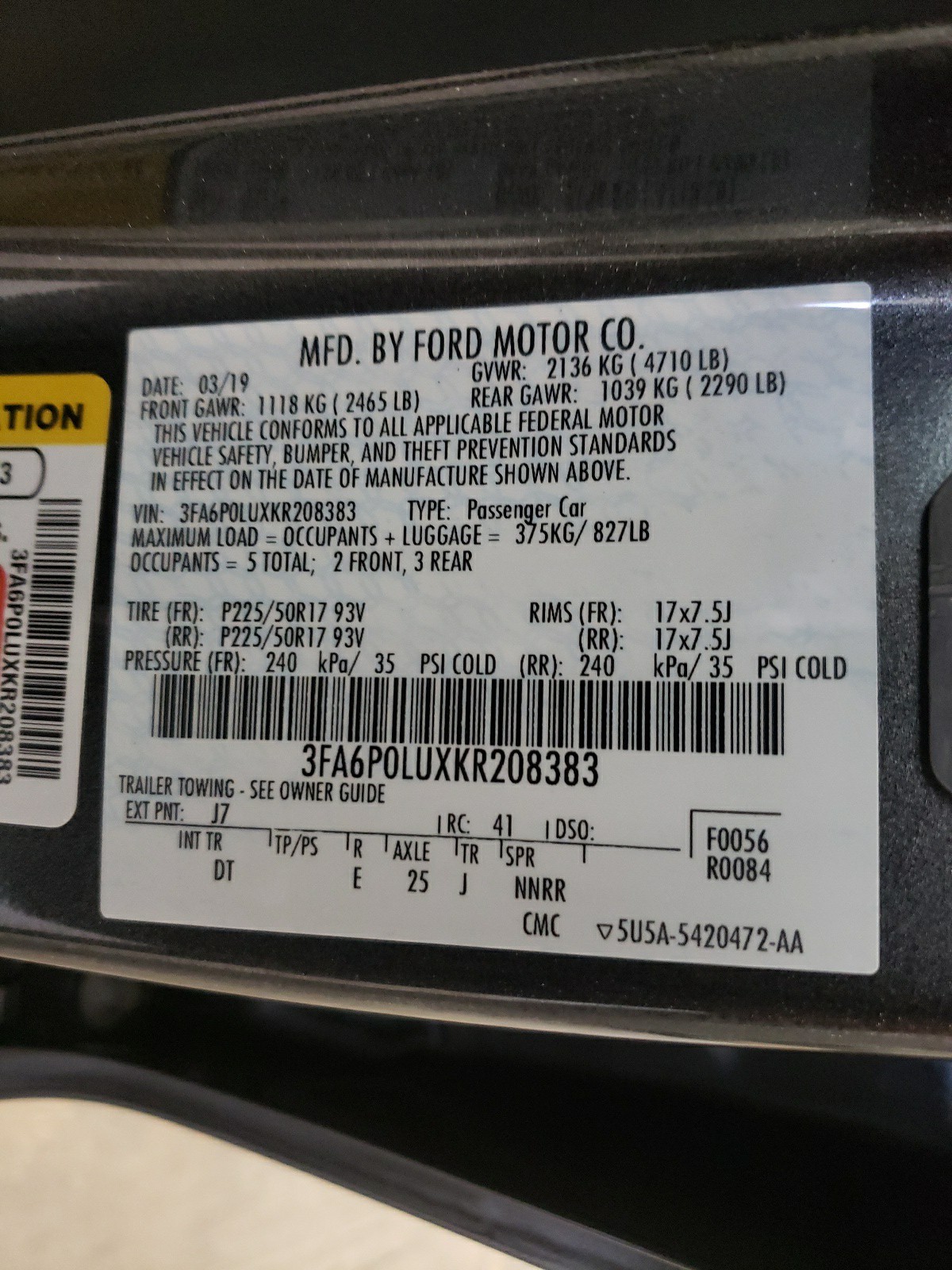 3FA6P0LUXKR208383 2019 Ford Fusion Se