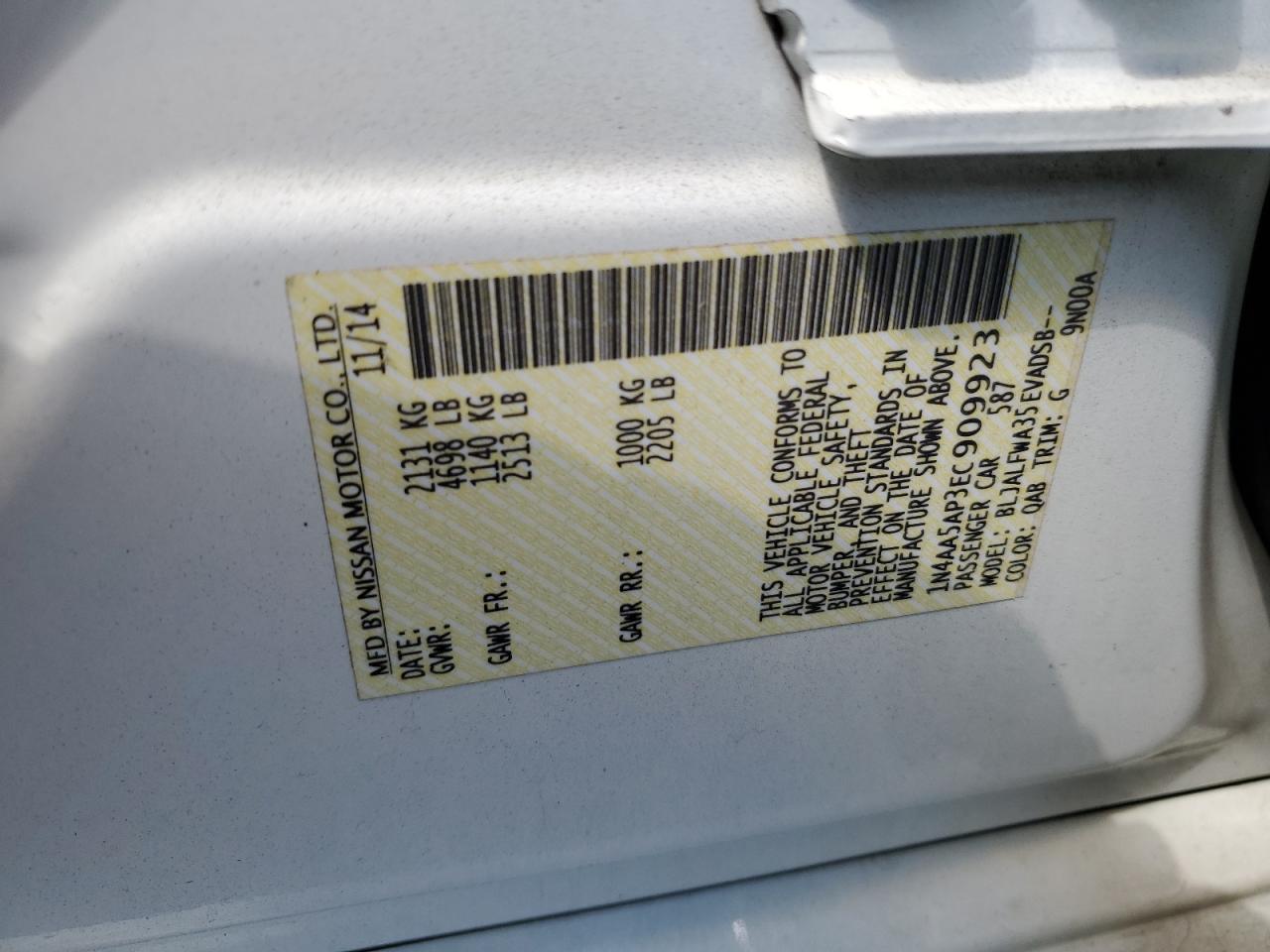 2014 Nissan Maxima S VIN: 1N4AA5AP3EC909923 Lot: 63440424