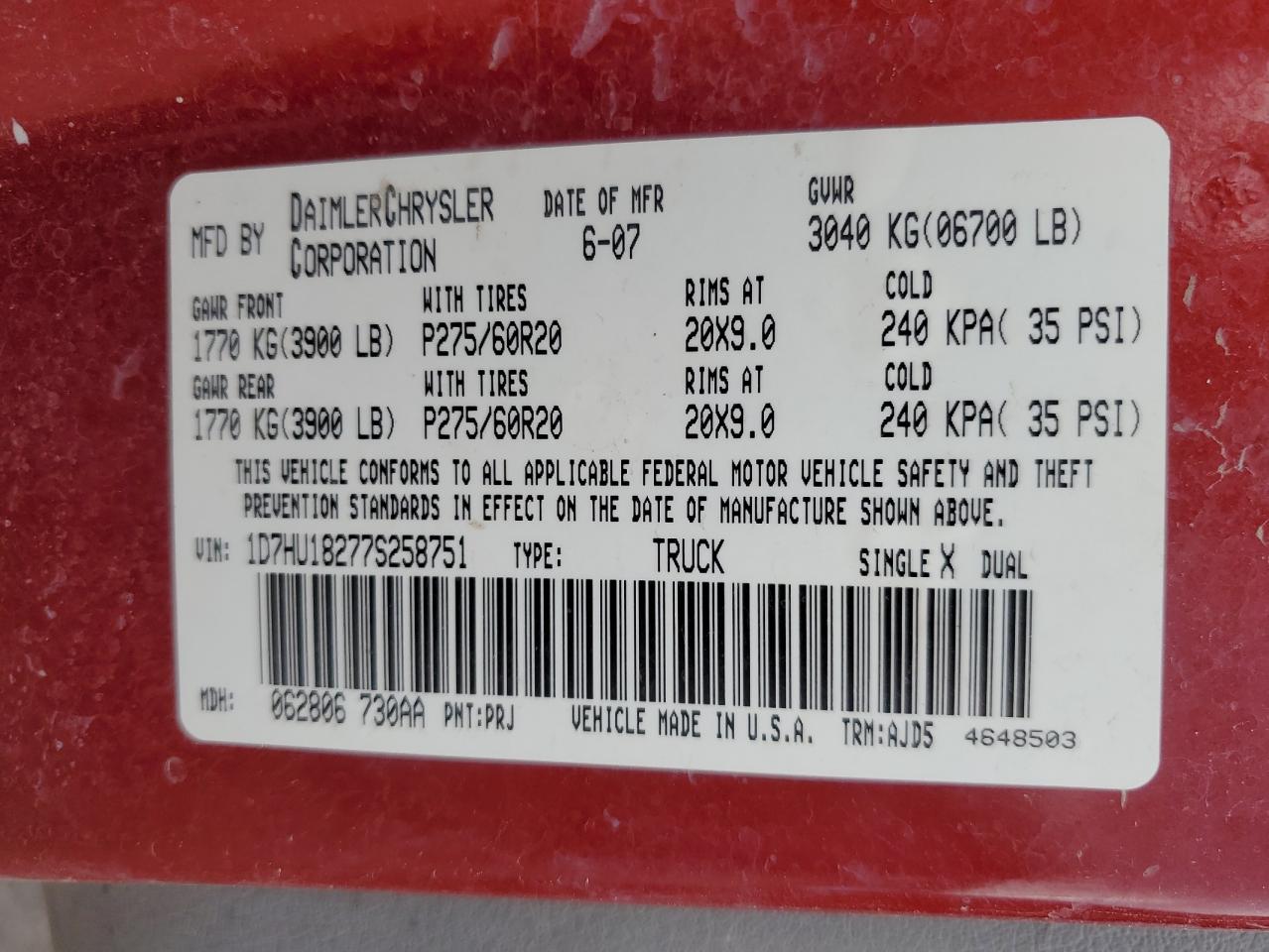 2007 Dodge Ram 1500 St VIN: 1D7HU18277S258751 Lot: 63709654