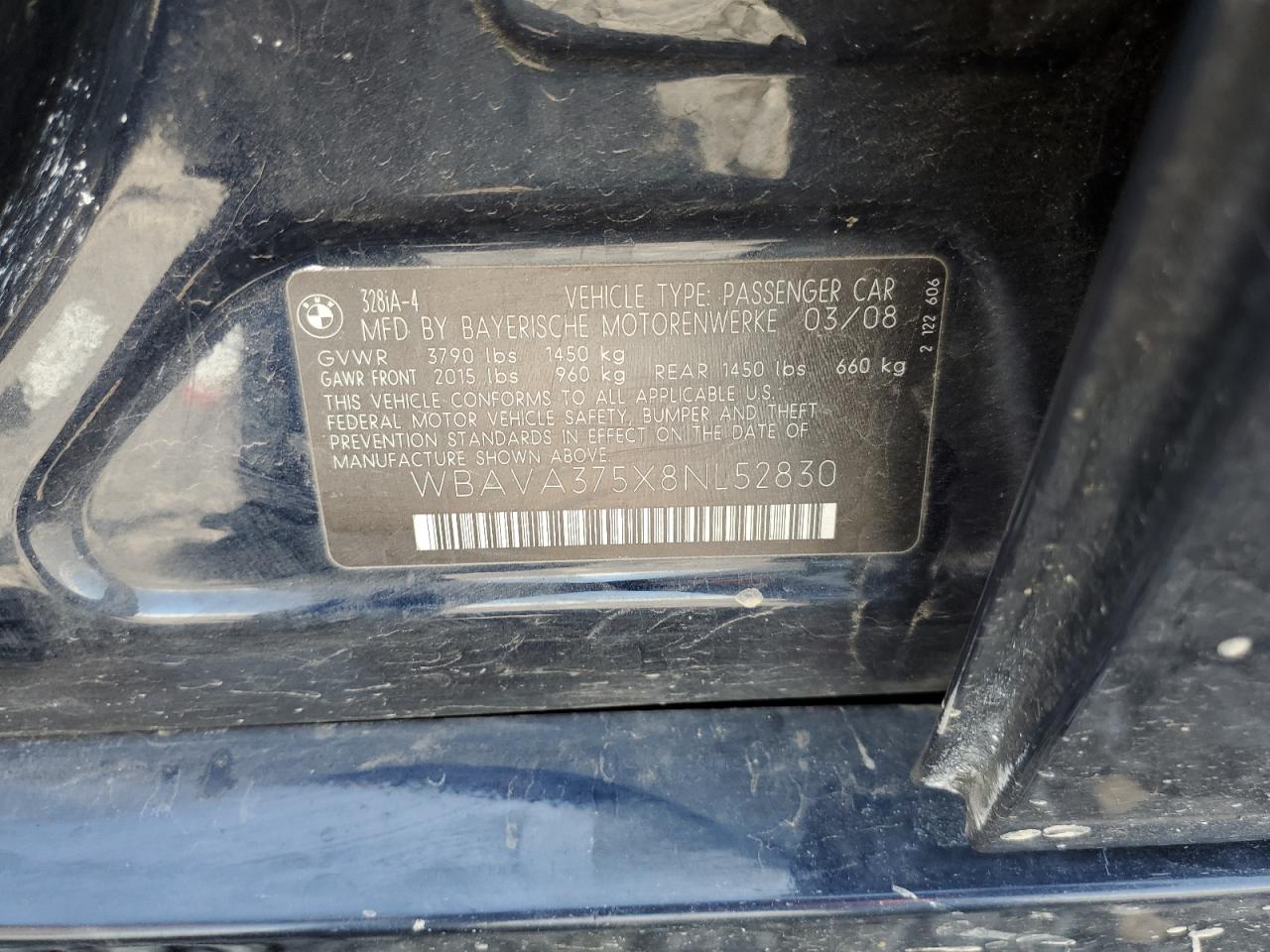 2008 BMW 328 I VIN: WBAVA375X8NL52830 Lot: 63275334