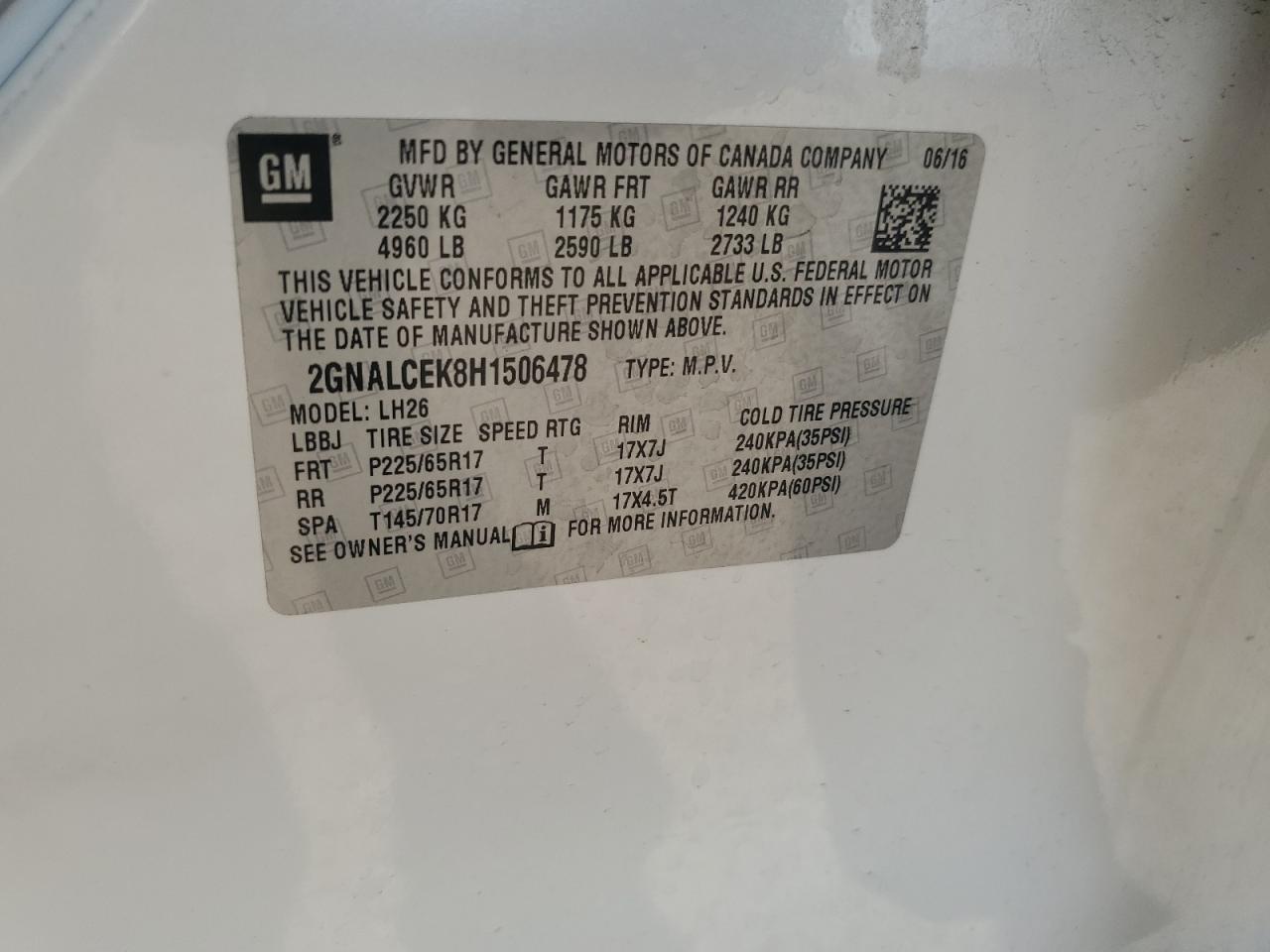 2017 Chevrolet Equinox Lt VIN: 2GNALCEK8H1506478 Lot: 63802594