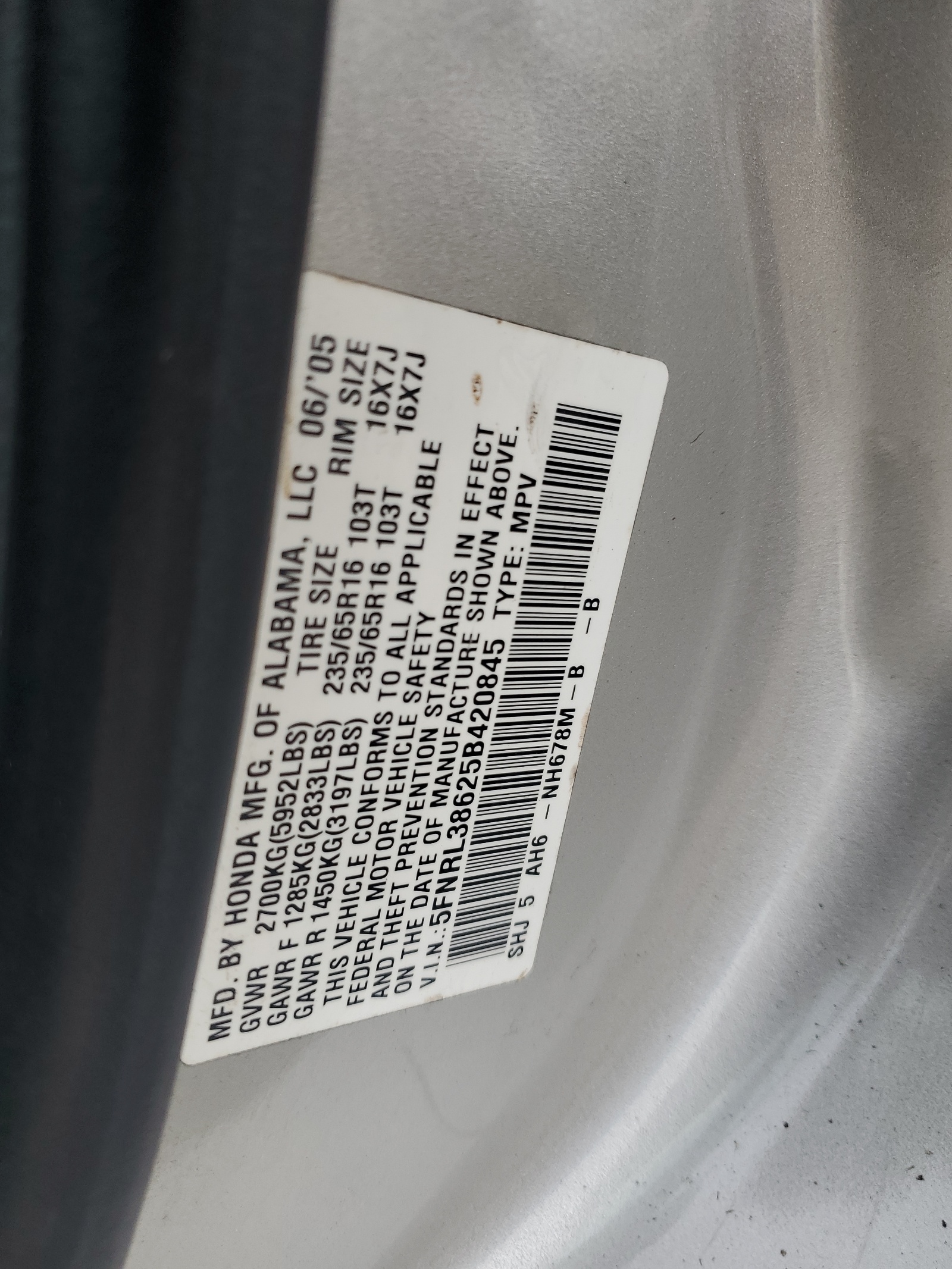 5FNRL38625B420845 2005 Honda Odyssey Exl