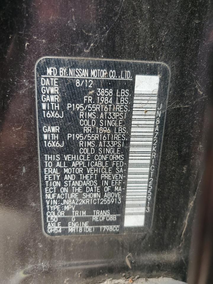 2012 Nissan Cube Base VIN: JN8AZ2KR1CT255913 Lot: 62948444