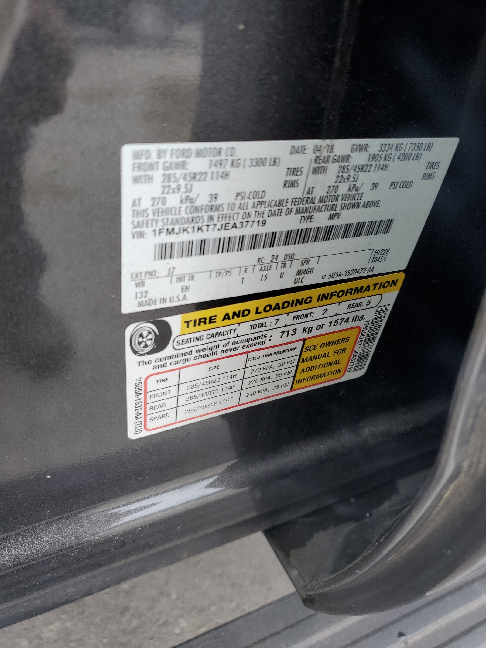 1FMJK1KT7JEA37719 2018 Ford Expedition Max Limited