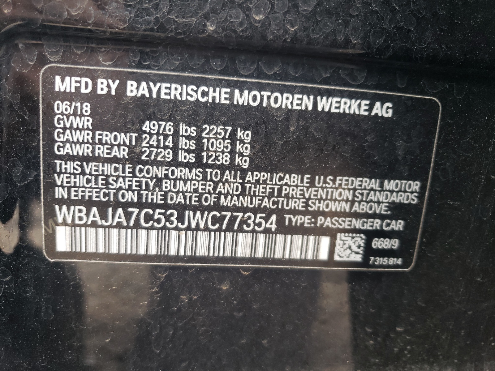 WBAJA7C53JWC77354 2018 BMW 530 Xi