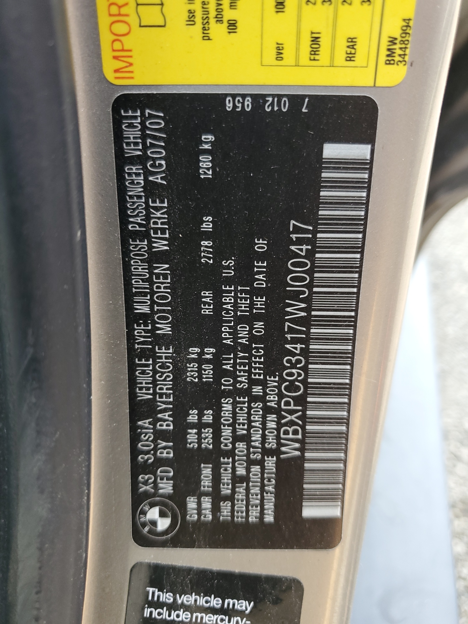 WBXPC93417WJ00417 2007 BMW X3 3.0Si