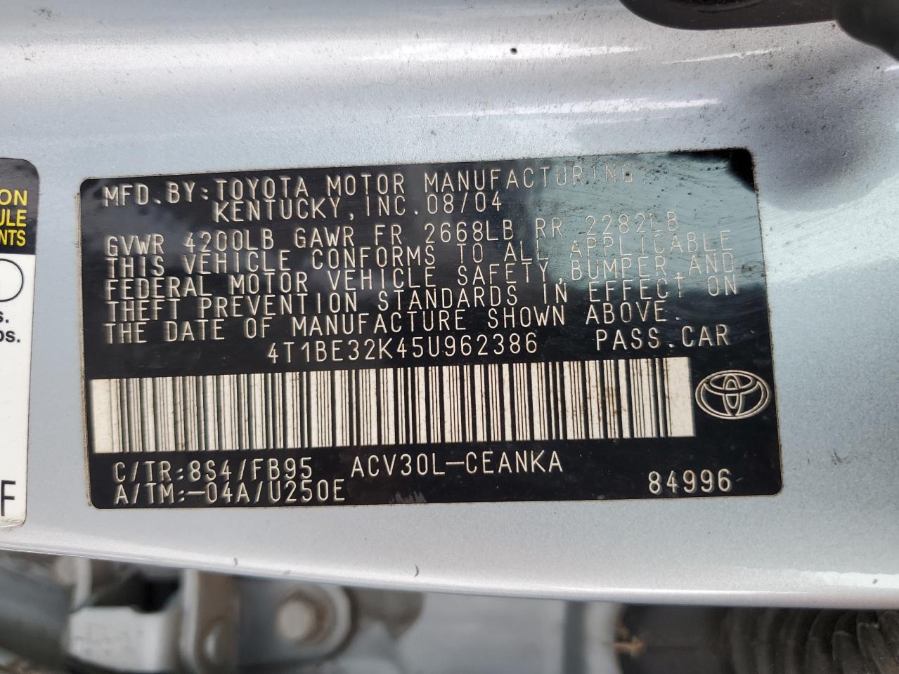 2005 Toyota Camry Le VIN: 4T1BE32K45U962386 Lot: 63624464