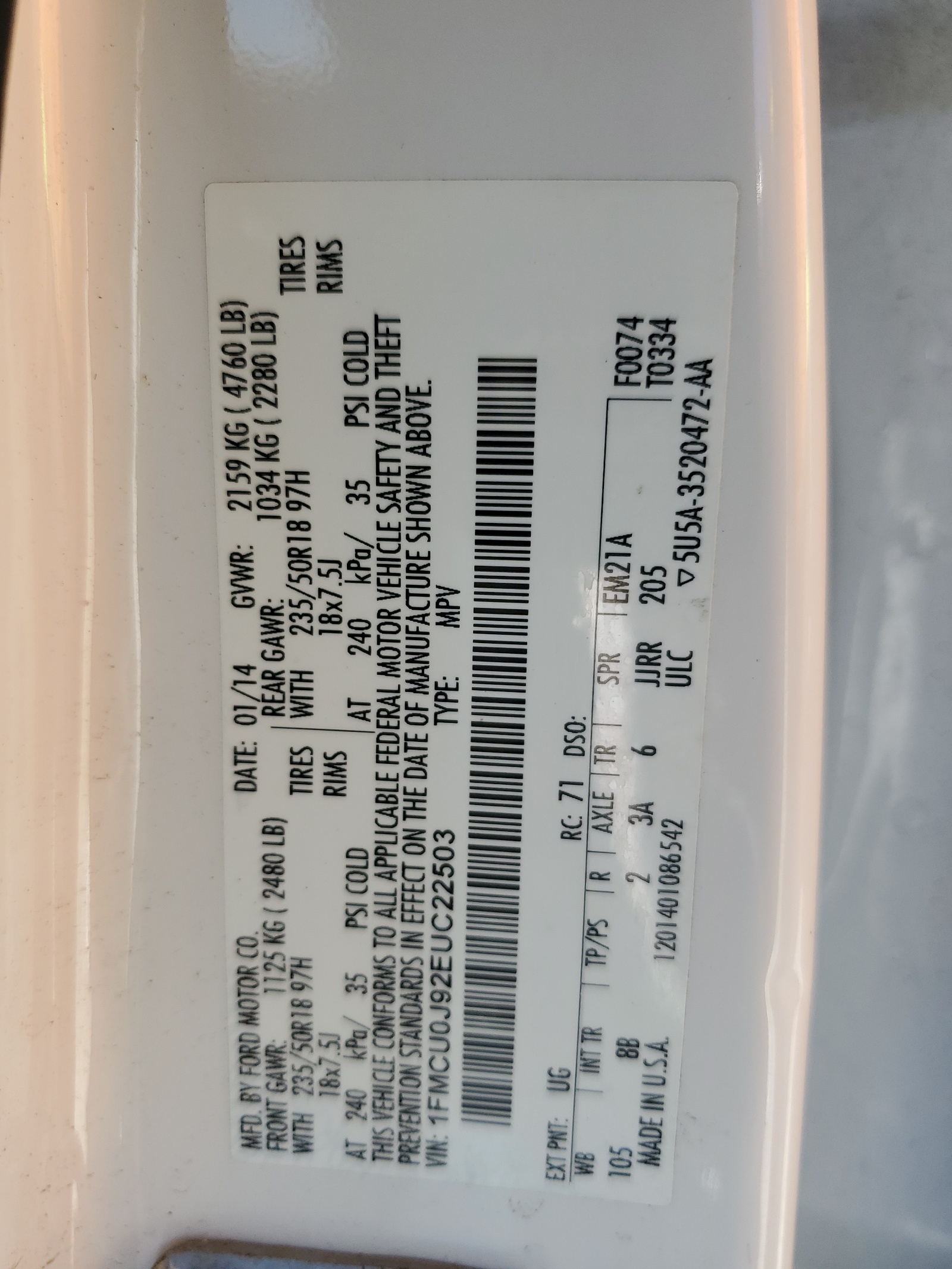 1FMCU0J92EUC22503 2014 Ford Escape Titanium