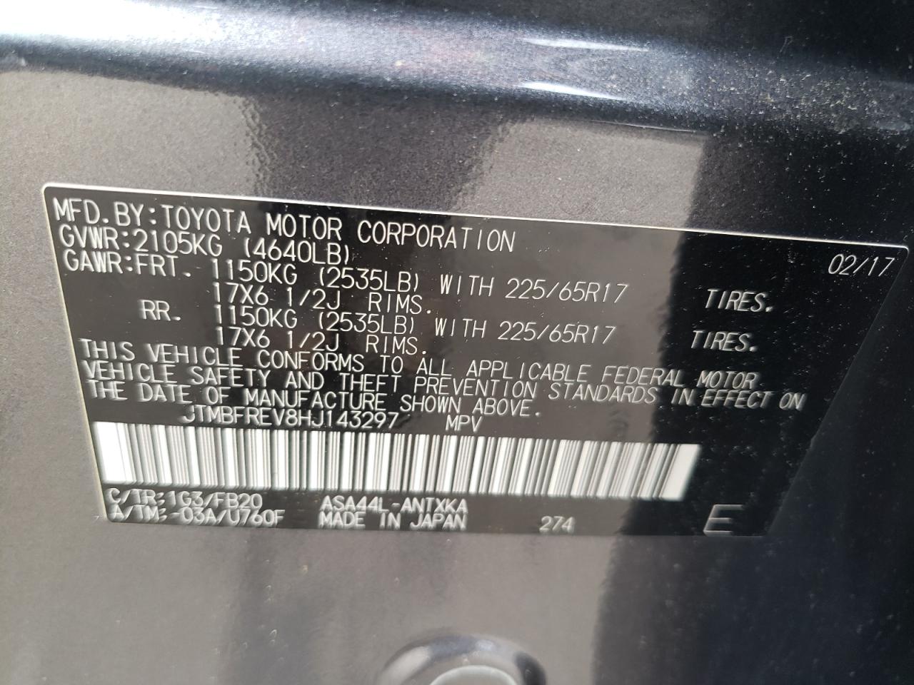 2017 Toyota Rav4 Le VIN: JTMBFREV8HJ143297 Lot: 62871384