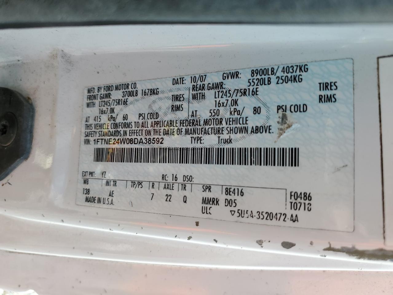 2008 Ford Econoline E250 Van VIN: 1FTNE24W08DA38592 Lot: 61130394