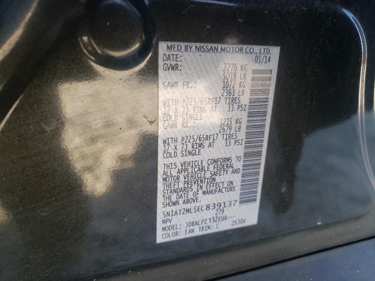 2014 Nissan Rogue S VIN: 5N1AT2ML5EC839137 Lot: 63254214