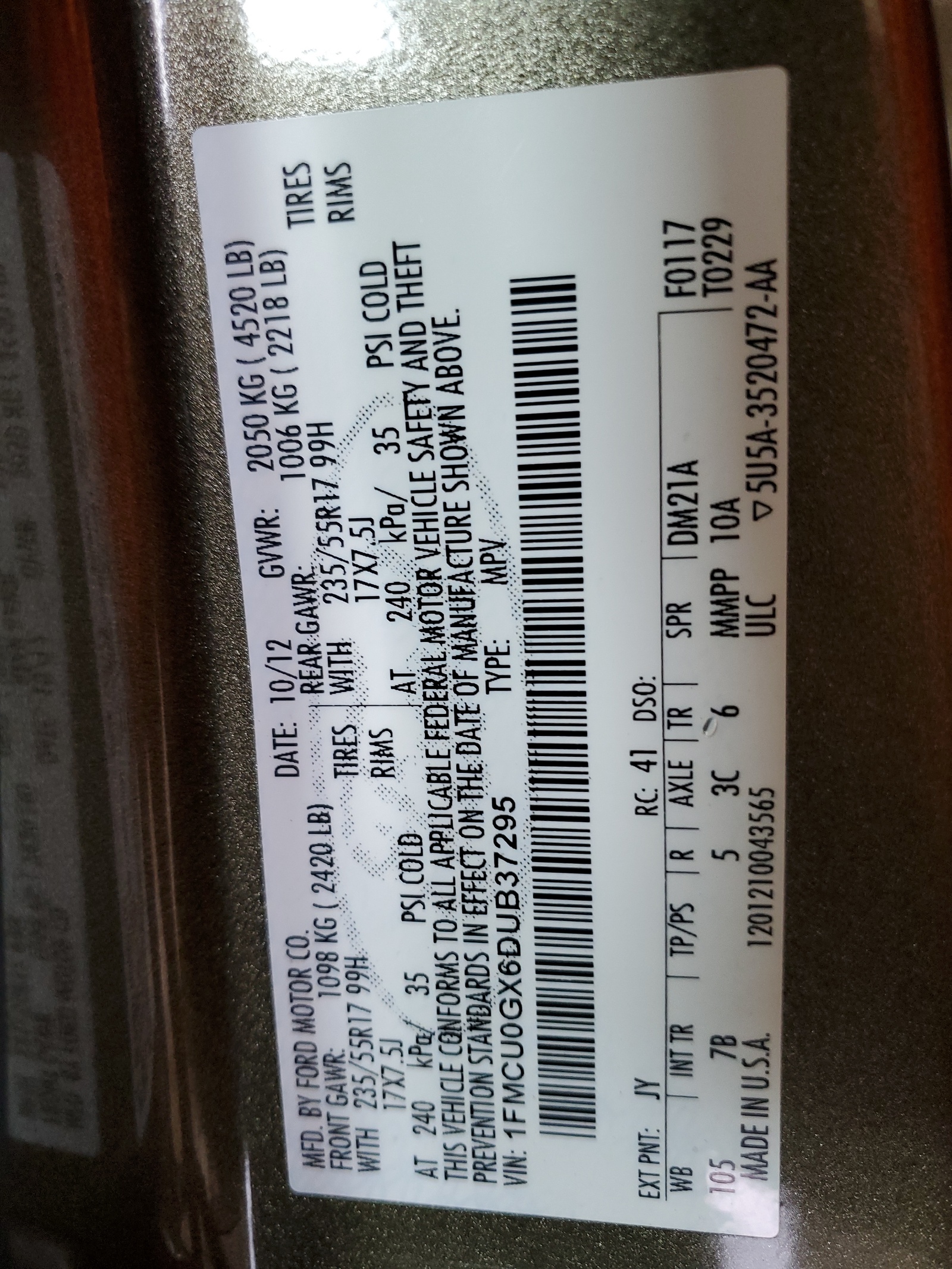 1FMCU0GX6DUB37295 2013 Ford Escape Se