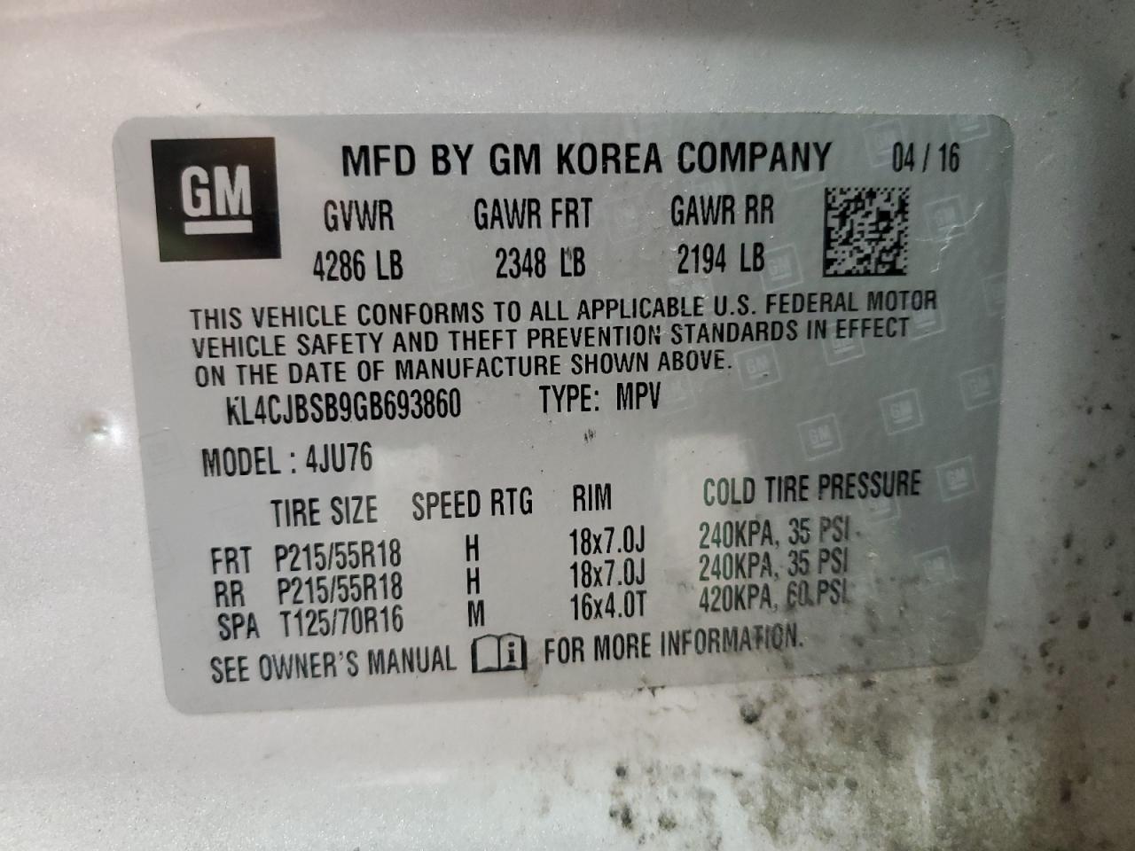 2016 Buick Encore Convenience VIN: KL4CJBSB9GB693860 Lot: 63357314