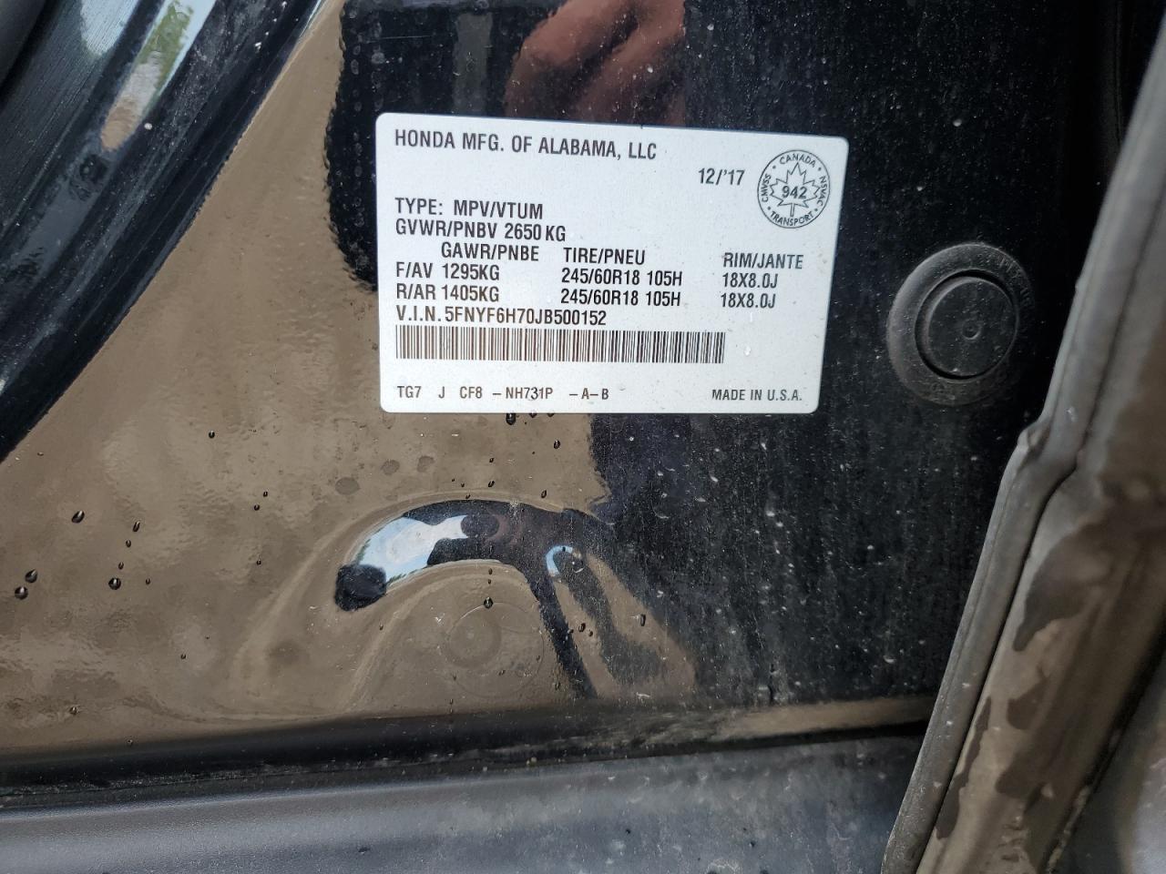 2018 Honda Pilot Exln VIN: 5FNYF6H70JB500152 Lot: 63064284