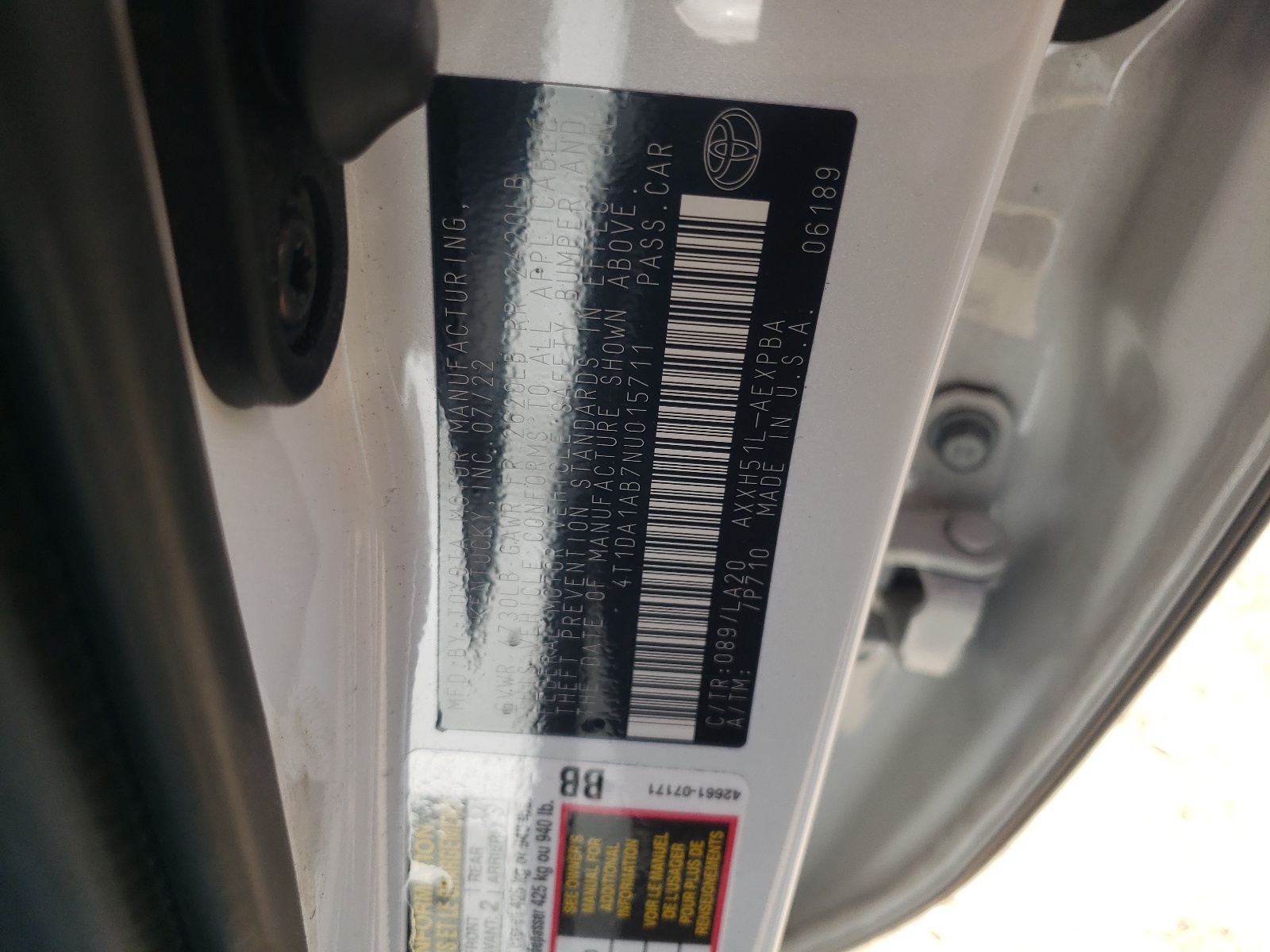 4T1DA1AB7NU015711 2022 Toyota Avalon Limited