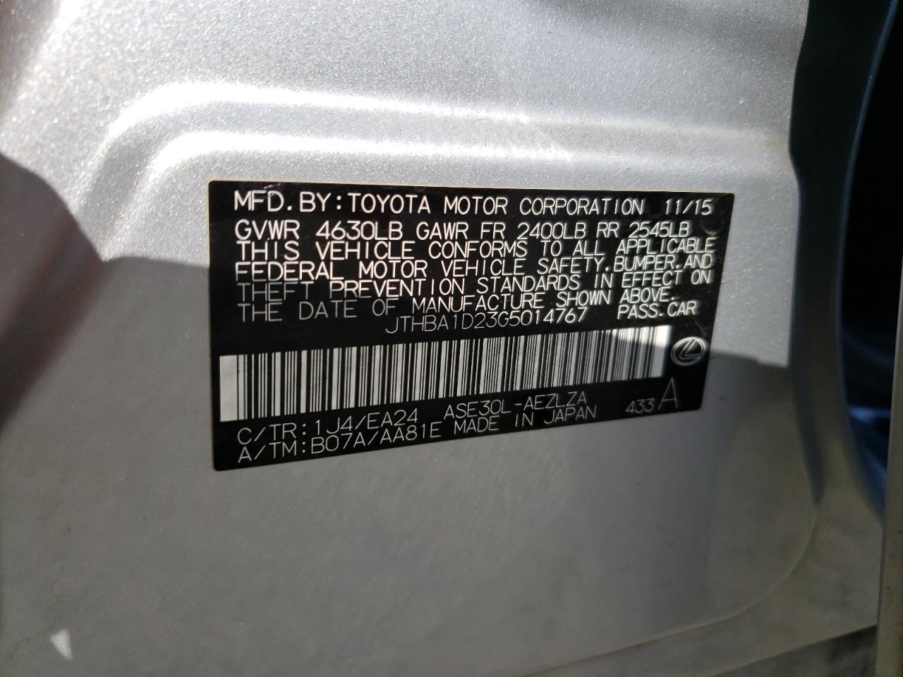 2016 Lexus Is 200T VIN: JTHBA1D23G5014767 Lot: 64713724