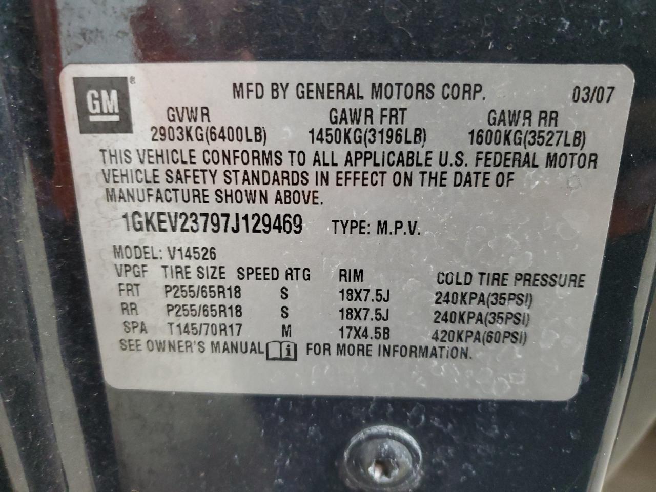 2007 GMC Acadia Slt-1 VIN: 1GKEV23797J129469 Lot: 63338114