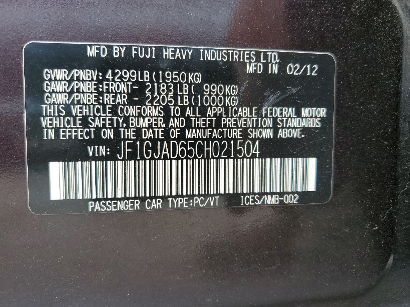 JF1GJAD65CH021504 2012 Subaru Impreza Premium