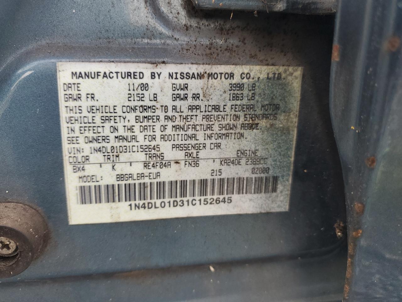 1N4DL01D31C152645 2001 Nissan Altima Xe